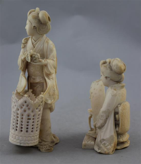 Two Japanese ivory okimono of bijin, Meiji period, 15cm.